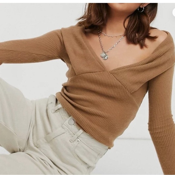 Women’s Free People Vintage Bronze Ribbed Off-the-Shoulder Top - Picture 1 of 5